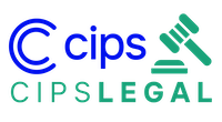 Logo CIPS Legal su sfondo nero: scritta “cips” in blu, scritta “CIPSLEGAL” in verde acqua e simbolo stilizzato di un martelletto da giudice sulla destra, anch’esso in verde acqua.